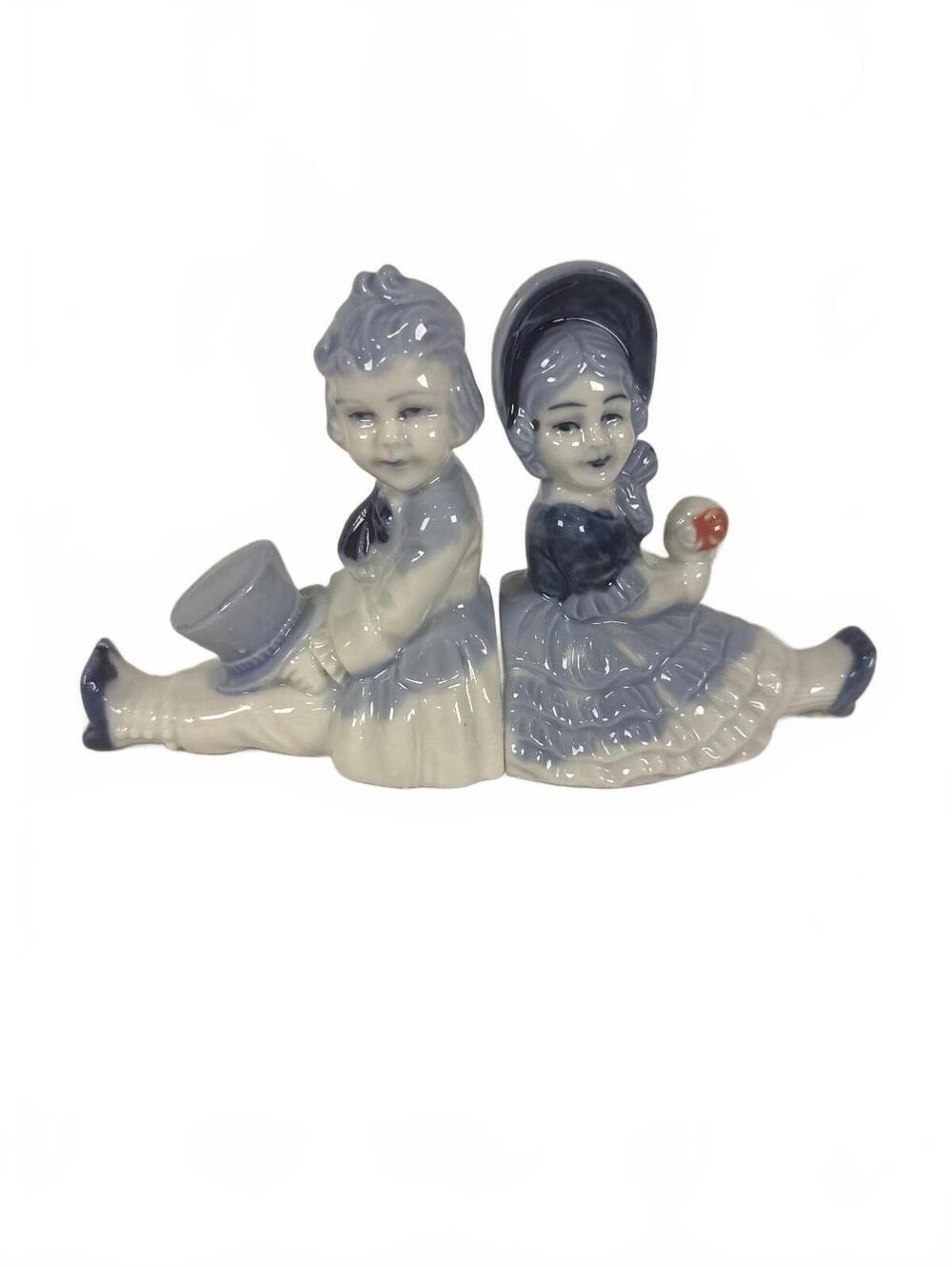 Vintage Blue and White Porcelain Figurine Bookends of Children Japan